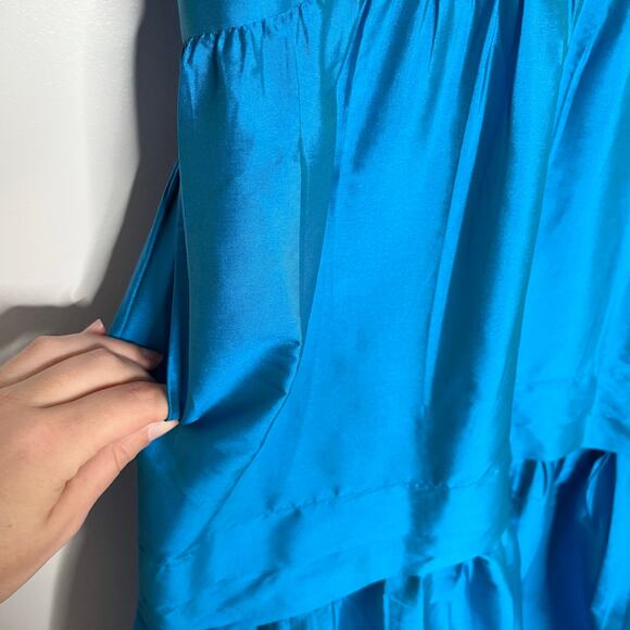 Dhruv Kapoor Puff Sleeve Midi Dress XXS Blue Metallic Tiered Pockets Cocktail - Picture 12 of 14